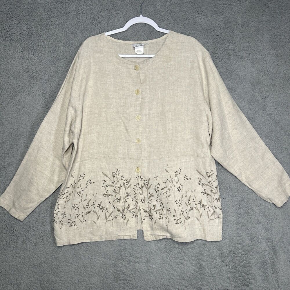 Hot Cotton Women’s L Beige Linen Tunic with Floral Pattern on Bottom